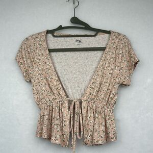 Pacsun Womens Floral Print Peplum Pink Crop Top Tie Front Sz S Short Sleeves